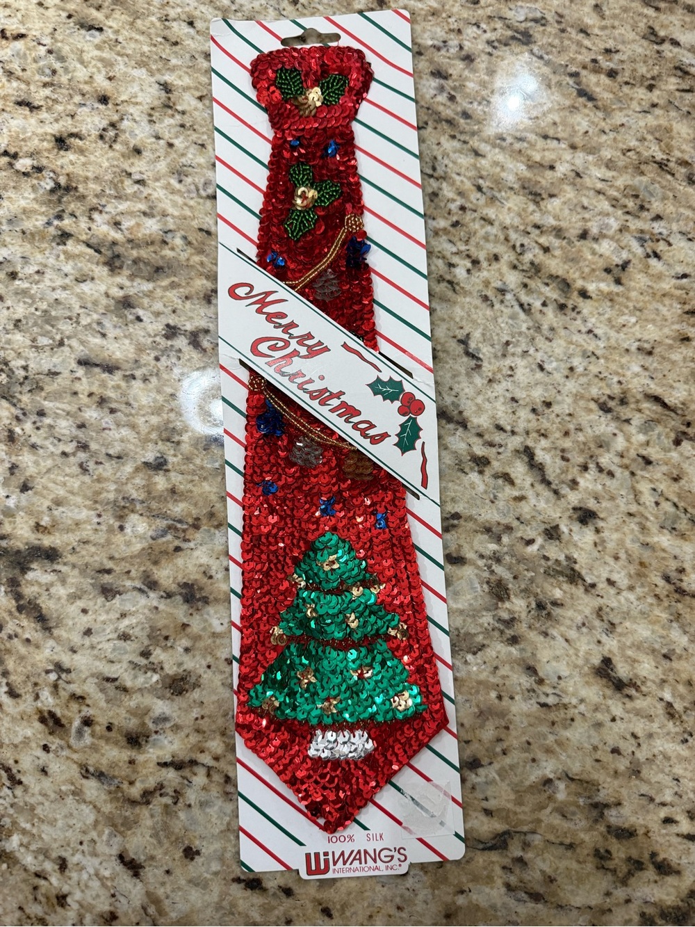 NWT Vintage Wang’s Sequin & Bead Silk Novelty Funny Ugly Christmas Tie 100% Silk